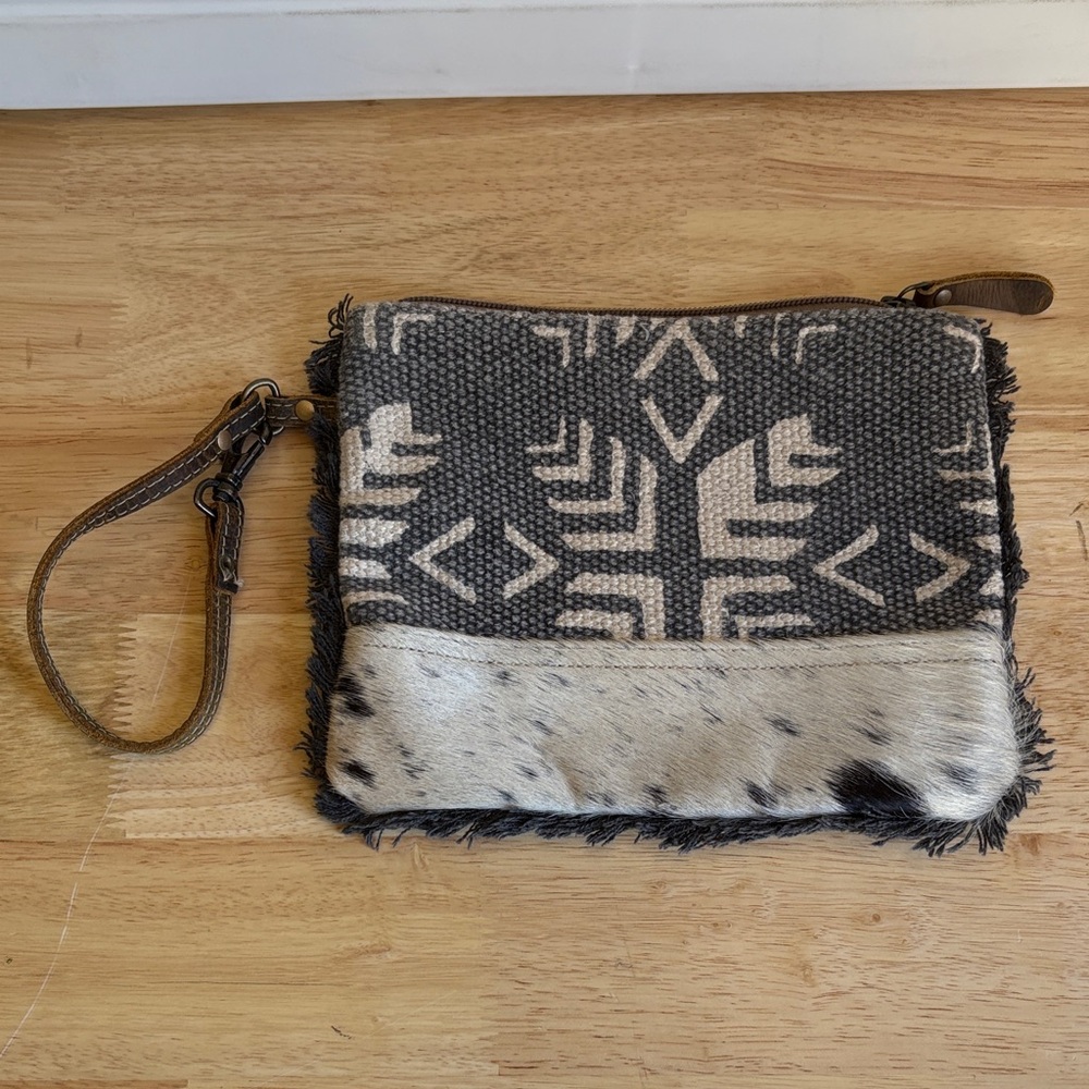 Myra Bag Black and Cream Patterned Wristlet